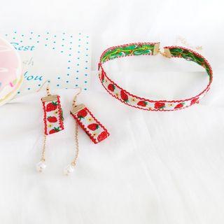 Strawberry Embroidered Choker / Drop Earring