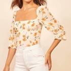 Elbow-sleeve Square-neck Floral Print Blouse