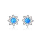 Sterling Silver Fashion And Elegant Flower Blue Imitation Opal Earrings With Cubic Zirconia Silver - One Size