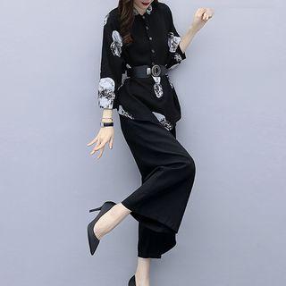 Set: Long-sleeve Printed Shirt + Wide Leg Pants