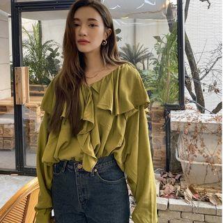 Long-sleeve Ruffle Trim Blouse As Shown In Figure - One Size