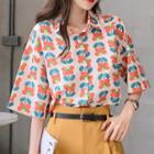 3/4-sleeve Flower Print Shirt Multicolor - One Size