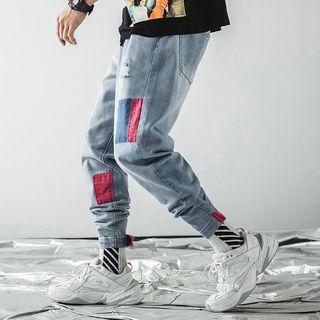 Drawstring Ripped Color Panel Jeans