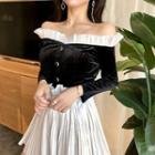 Off-shoulder Ruffled-trim Long-sleeve Top Black - One Size