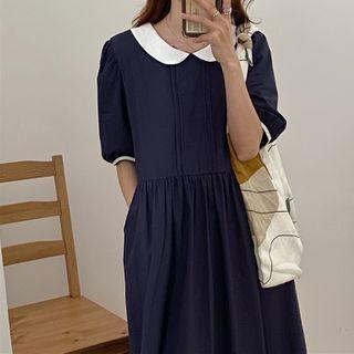 Collared Puff-sleeve Maxi A-line Dress