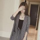 Set : Plaid 3/4-sleeve Blazer + Spaghetti Strap Top + Shorts