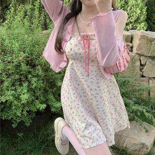 Spaghetti Strap Floral Mini A-line Dress / Cutout Cropped Cardigan