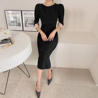 Puff-shoulder Slit-cuff Long Sheath Dress One Size