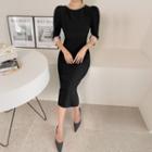 Puff-shoulder Slit-cuff Long Sheath Dress One Size