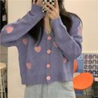 V-neck Printed Heart Button-up Cardigan Purple - One Size