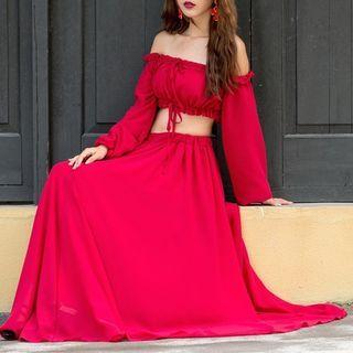 Set: Long-sleeve Cold Shoulder Cropped Top + Maxi Skirt