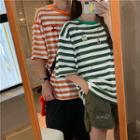 Elbow-sleeve Striped T-shirt / Embroidered Shorts