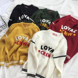 Striped Trim Letters Embroidered Sweater