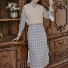 Long-sleeve Plaid Midi Qipao Dress / Knit Vest