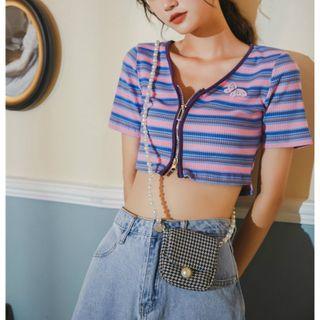 Striped V-neck Short-sleeve Crop Top