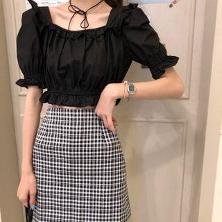 Puff Short-sleeve Top / Plaid A-line Skirt