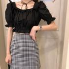 Puff Short-sleeve Top / Plaid A-line Skirt