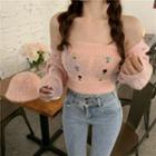Set: Flower Embroidered Knit Camisole Top + Sweater Camisole Top - Floral - Pink - One Size / Pants - Blue - One Size