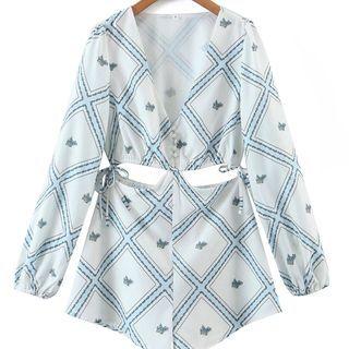 Long-sleeve Check Print Cutout Romper