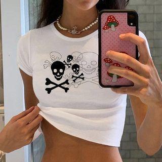 Short-sleeve Skull Print Crop T-shirt (various Designs)