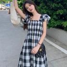 Short-sleeve Ruched Plaid Crop Top / Plaid Midi A-line Dress