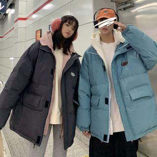 Patch Long-sleeve Plain Hooded Padded Coat