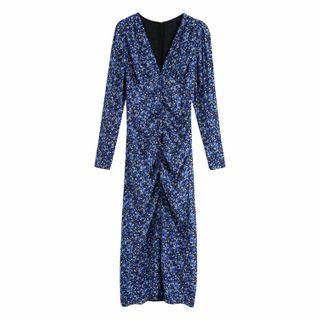 Long-sleeve Floral Print Slit Midi Sheath Dress
