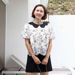 Petal-collar Floral Chiffon Blouse Black - One Size