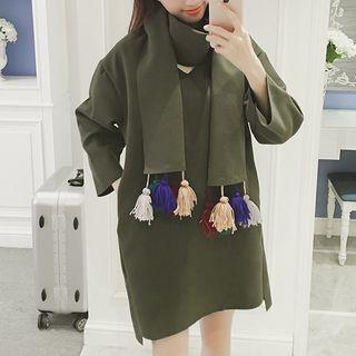V-neck Long-sleeve Shift Dress With Tassel Scarf