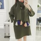 V-neck Long-sleeve Shift Dress With Tassel Scarf