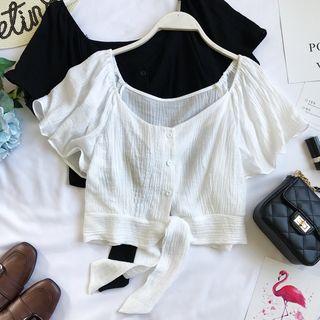 Short-sleeve Tie-hem Chiffon Crop Top