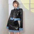 Faux Leather Button-up Jacket / Mini Skirt