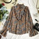 Stand Collar Floral Long-sleeve Chiffon Top