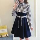 Striped Panel Long Sleeve Collared Dress
