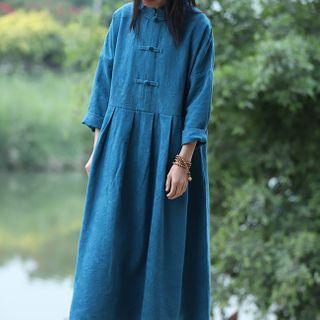 Long-sleeve Frog Button Midi A-line Dress Peacock Blue - One Size