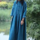 Long-sleeve Frog Button Midi A-line Dress Peacock Blue - One Size