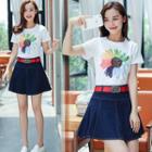 Set: Short-sleeve Printed T-shirt + Denim Skirt