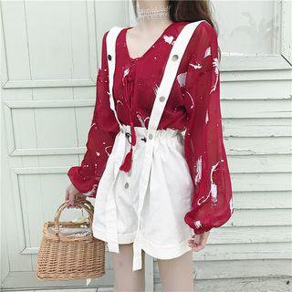 Long-sleeve Floral Blouse / Suspender Shorts