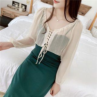 Long-sleeve Lace-up Crinkled Chiffon Top Off-white - One Size