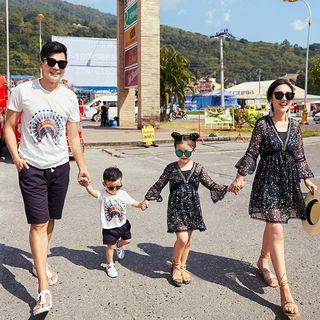 Family Matching Set: Short-sleeve T-shirt + Drawstring Shorts/ Set: Long-sleeve Mini Dress + Slipdress