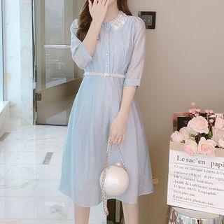 Elbow-sleeve Flower Embroidered Collared A-line Dress / Short-sleeve Dress