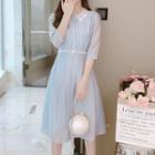 Elbow-sleeve Flower Embroidered Collared A-line Dress / Short-sleeve Dress
