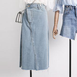 Slit-side Asymmetric Denim Skirt