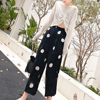 Set: Long-sleeve Drawstring T-shirt + Dotted Wide Leg Pants