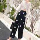 Set: Long-sleeve Drawstring T-shirt + Dotted Wide Leg Pants