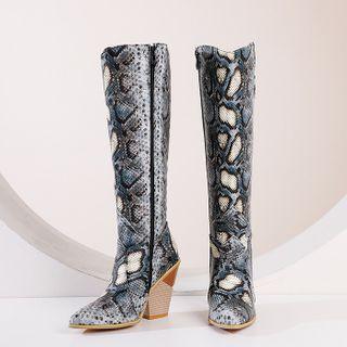 Chunky Heel Snakeskin Print Tall Boots