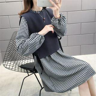 Set: Gingham Long-sleeve Shift Dress + Knit Vest