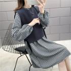 Set: Gingham Long-sleeve Shift Dress + Knit Vest