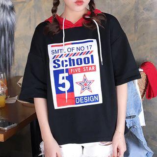 Print Short-sleeve Hooded T-shirt