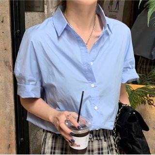 Short-sleeve Plain Shirt / Plaid Pants